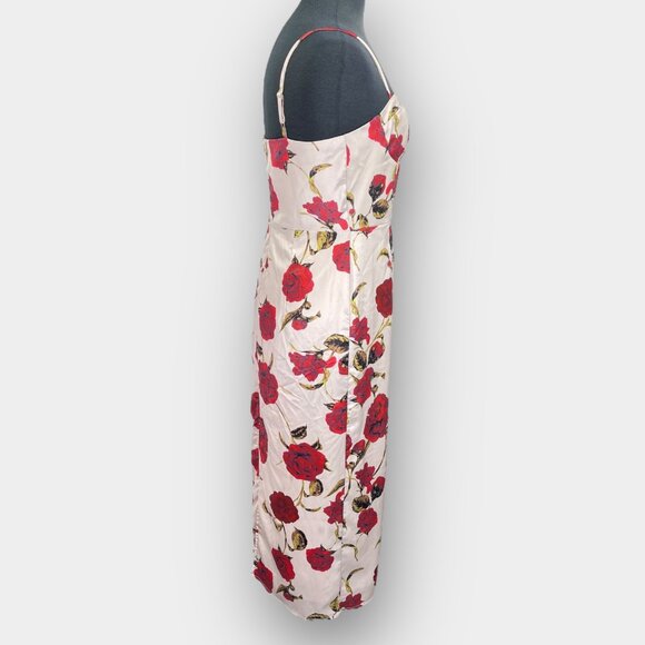 Retro Stage Rose Wiggle Dress Ivory Red Floral Pin‑Up 1950s M Midi - Picture 2 of 11